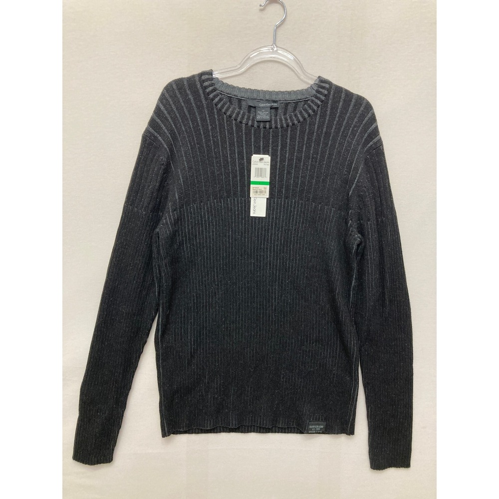 New Calvin Klein Jeans Sweater Large Black Ribbed Knit Cotton Crew Neck